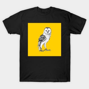 Barn Owl - Drawing In Black Pen On Vintage Yellow T-Shirt